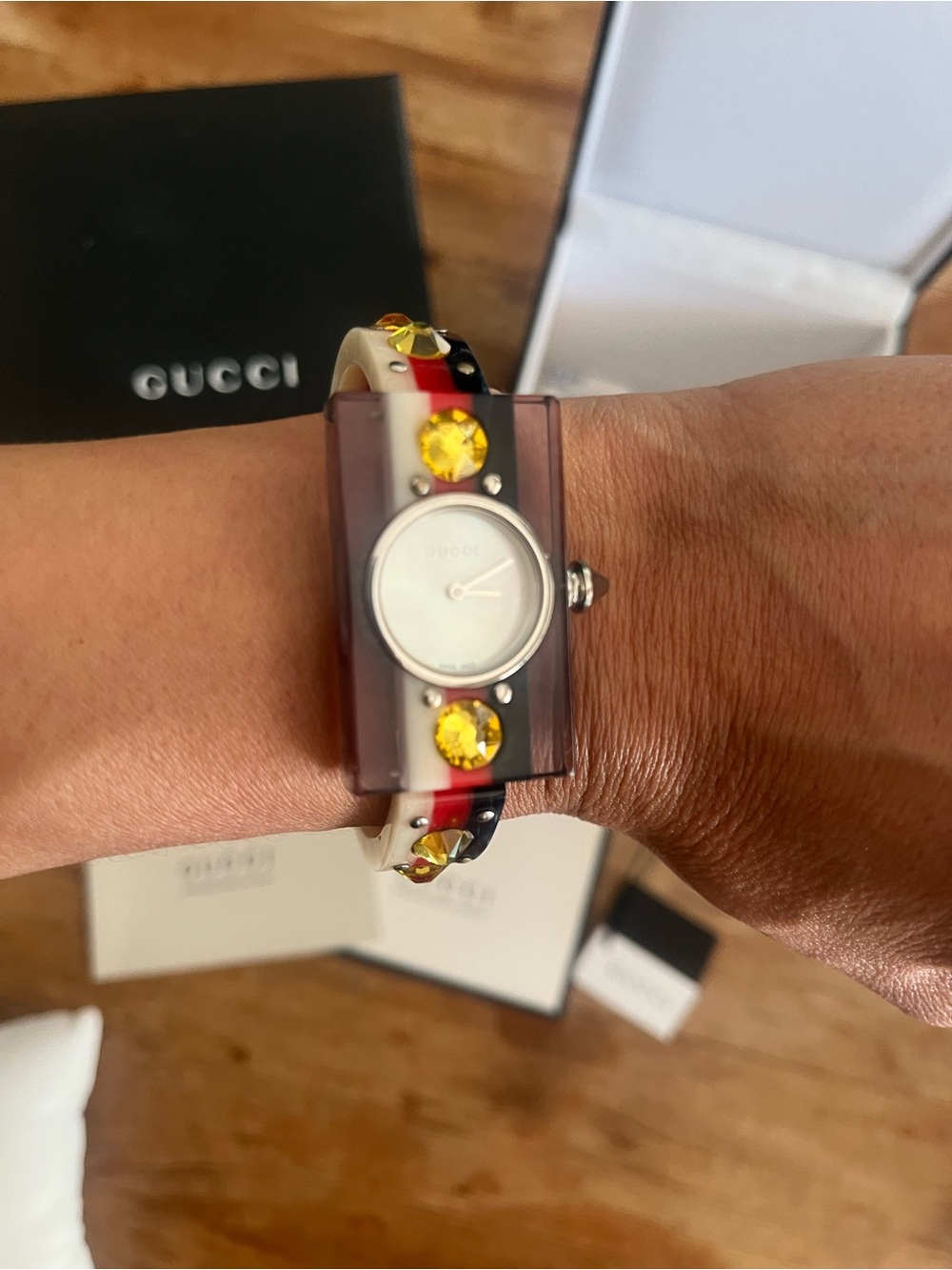 Gucci Resin Bangle Watch with Yellow Crystal Accents and Red-blue Stripe